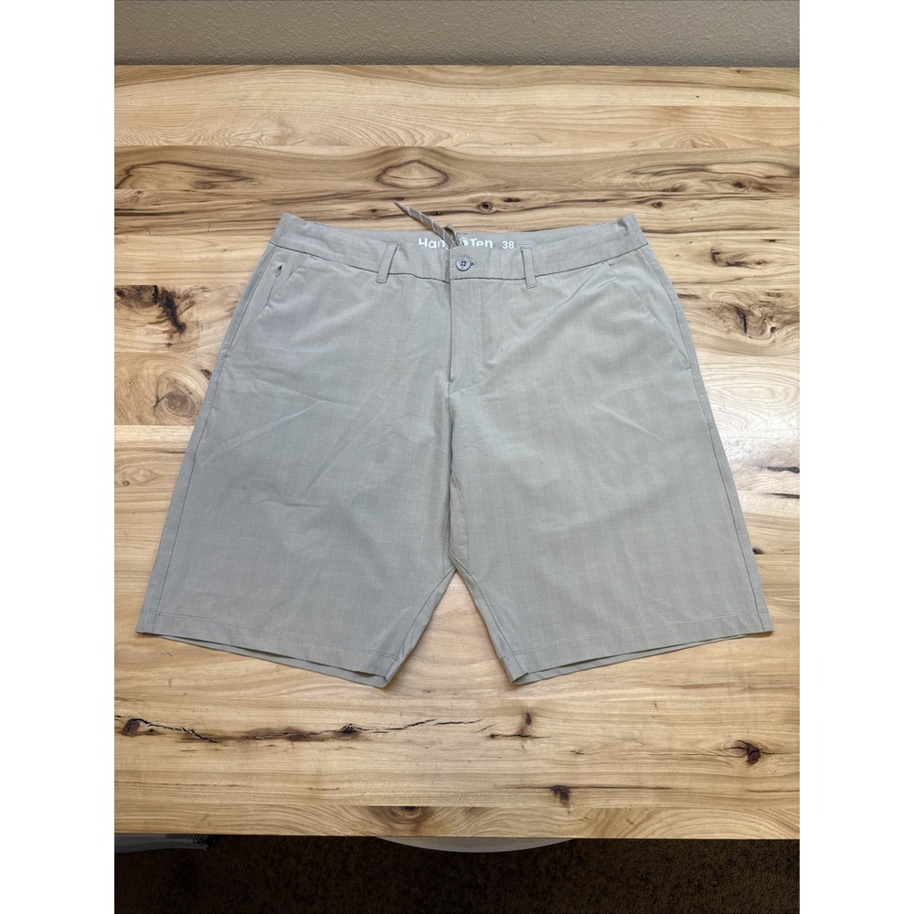 Hang Ten Mens Golf Shorts Size 38 Tan Plaid Stretch Performance Hybrid Casual